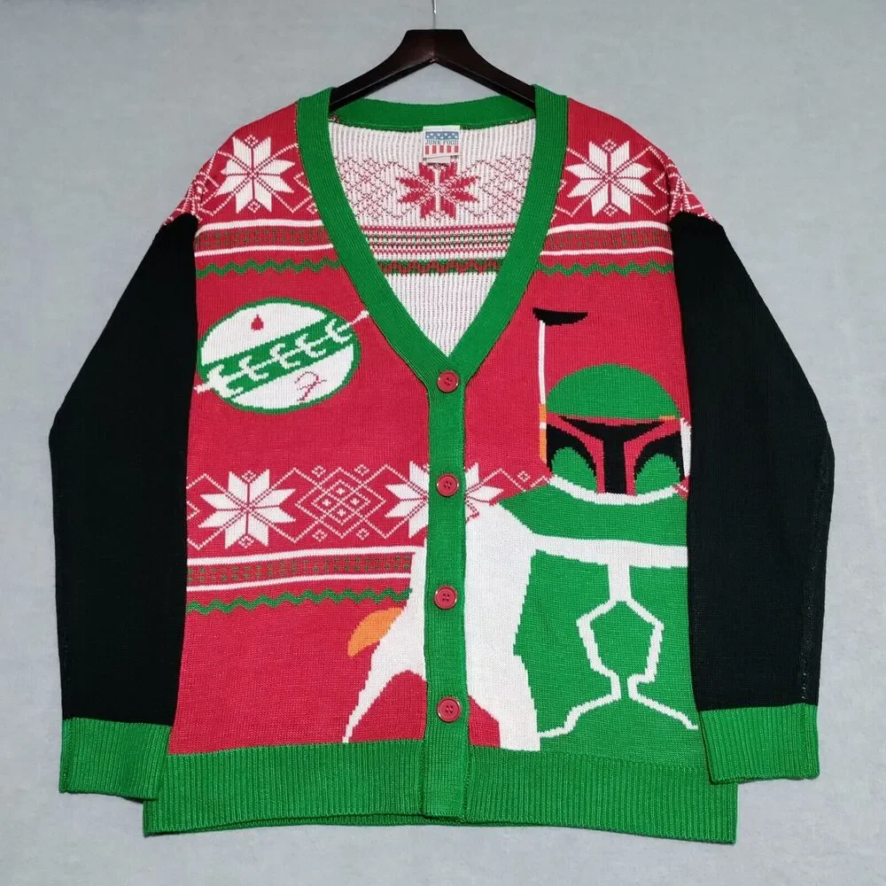 Junk Food Mens Large Star Wars Boba Fett Ugly Christmas Sweater Cardigan - Picture 2 of 15